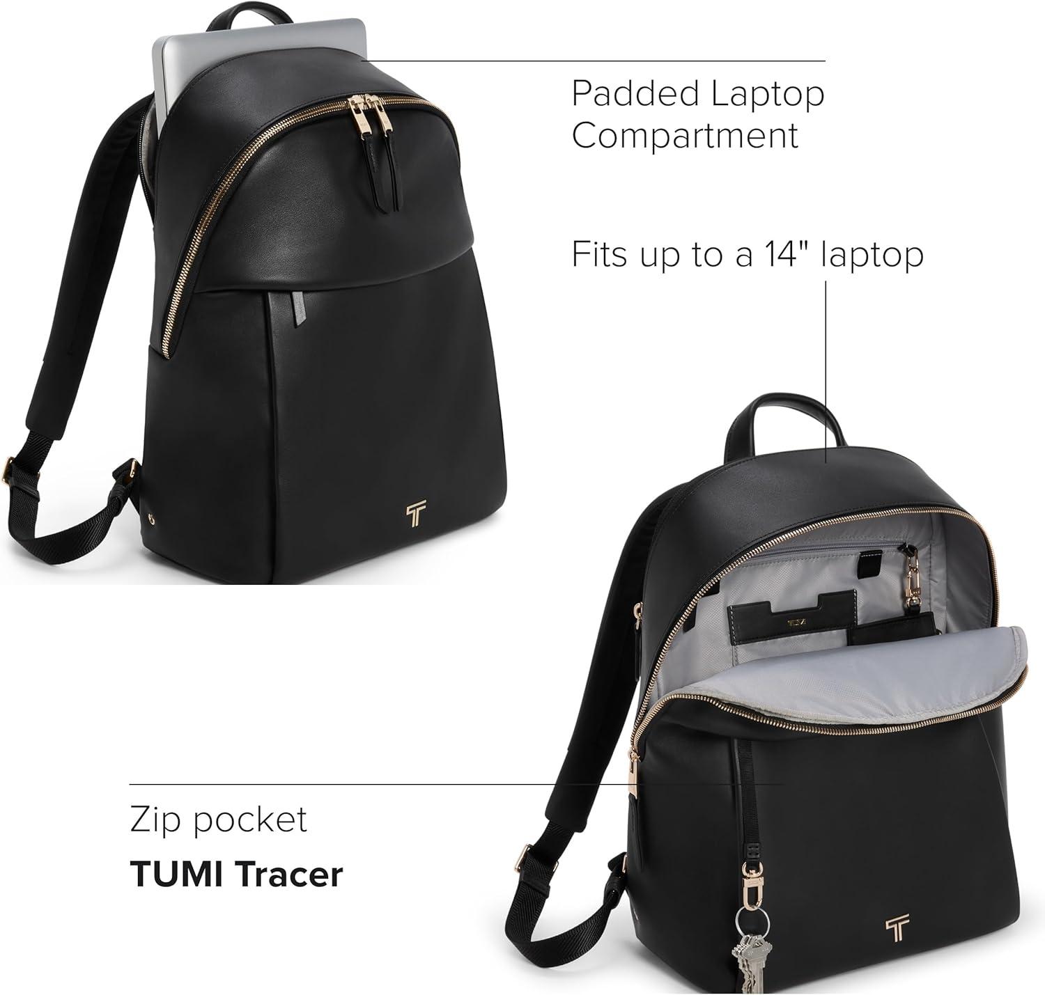 imageTUMI Voyageur Holland Backpack Womens Leather Everyday amp Travel Bag Fits up to a 14 Laptop 148 X 113 X 56 Black Gold Hardware