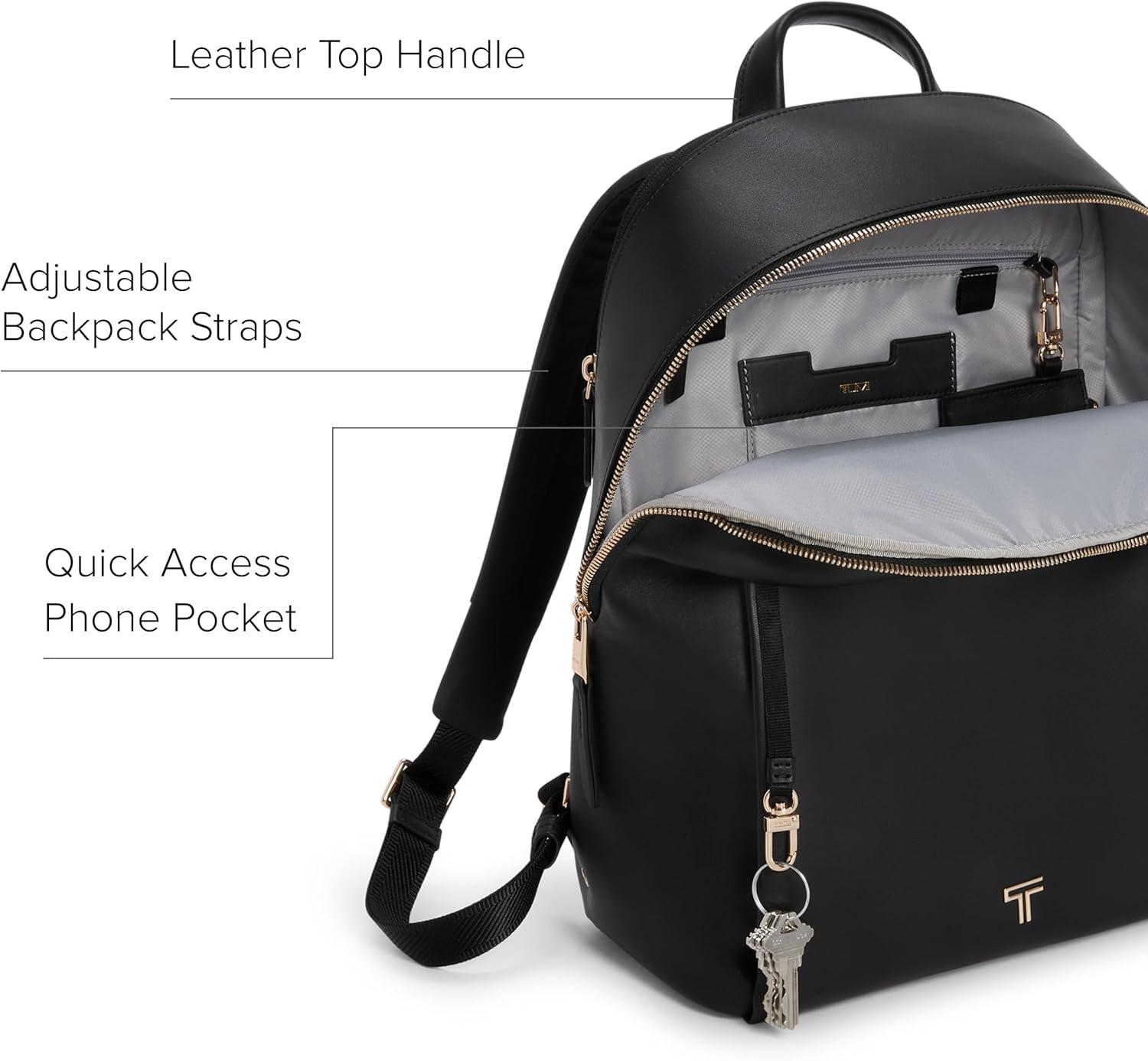 imageTUMI Voyageur Holland Backpack Womens Leather Everyday amp Travel Bag Fits up to a 14 Laptop 148 X 113 X 56 Black Gold Hardware