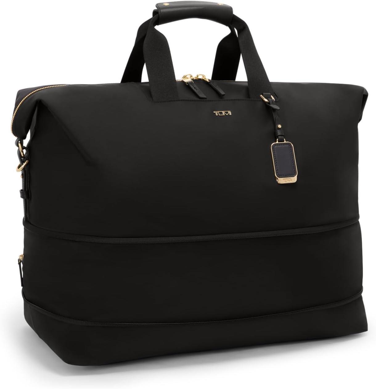 imageTUMI Voyageur Rhys Expandable Duffel Mens and Womens Weekender and Travel Bag Black amp Gold HardwareBLACKGOLD