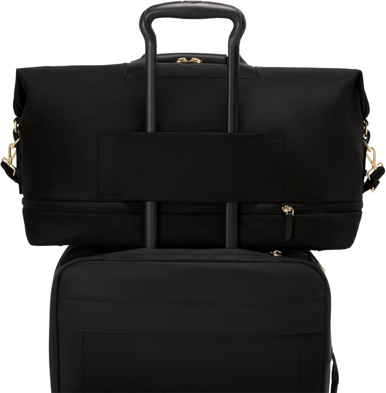 imageTUMI Voyageur Rhys Expandable Duffel Mens and Womens Weekender and Travel Bag Black amp Gold HardwareBLACKGOLD